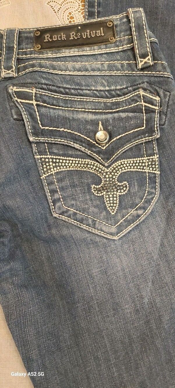 Rock Revival 31 X 35 Long Scarlett Wide Leg Denim Jeans Embellished Y2K Boho Low